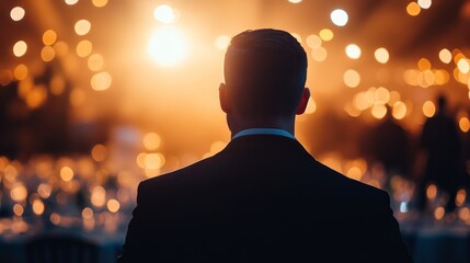 Poster - A man in a suit stands in front of a crowd of people