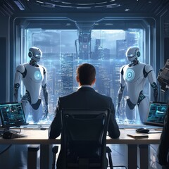 Poster - The robots are all white and appear to be in a futuristic setting