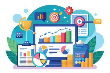 Poster - A computer displays colorful charts and graphs for preparing a monthly business report, surrounded by data insights, prepare monthly report business data