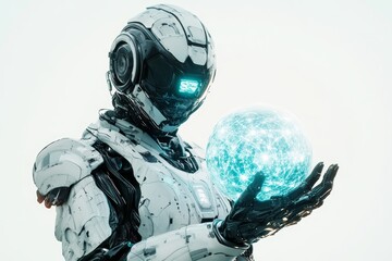 Poster - futuristic robot holding glowing sphere of digital energy and data