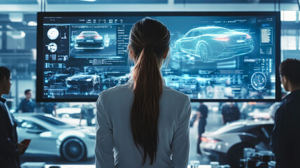 Female Automotive Engineer Uses Digital screen with Augmented Reality for Car Design Analysis and Improvement. 3D Graphics Visualization Shows Fully Developed Vehicle Prototype Analysed and Optimized
