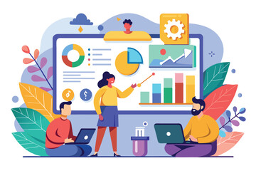 Poster - a diverse group works together, analyzing data on screens with graphs and charts in a vibrant enviro