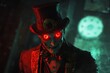 © Cloudyew - A man in a red hat and black suit with red eyes and a green background