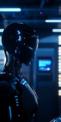 Poster - Futuristic humanoid robot with glowing circuitry in modern setting