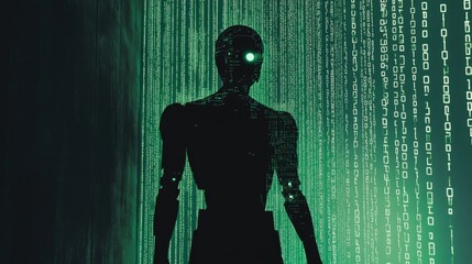 Poster - Mysterious robot silhouette surrounded by green digital code