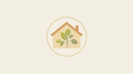 Poster - Simple illustration of a house with leaves, suggesting eco-friendly home. Possible use Real estate, sustainability