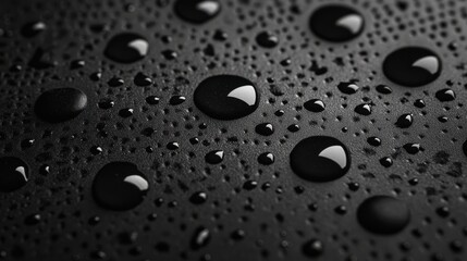 Fototapete - Drops of water collect on a textured black surface, creating intricate patterns during a quiet moment of reflection