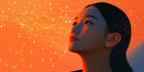 Poster - Woman in Contemplation Surrounded by Abstract Digital Imagery