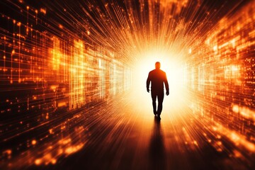 Poster - Silhouette of a Person Walking Towards a Bright Light in Space