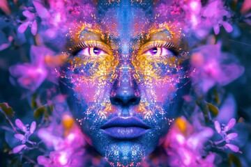 Poster - Abstract Portrait of Woman with Colorful Floral Cosmic Elements