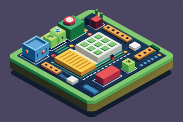 Poster - A detailed view of a customizable printed circuit board featuring various electronic components and connectors, Printed circuit board Customizable Disproportionate Illustration