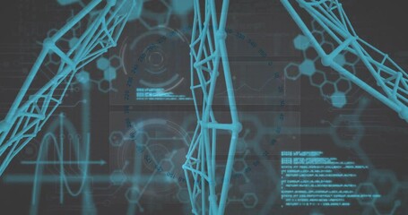 Poster - Digital interface with blue geometric structures processing data in animation design