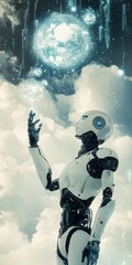 Poster - futuristic robot reaching towards holographic interface in clouds
