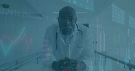 Poster - Analyzing medical data, doctor in hospital with animation of graphs and charts