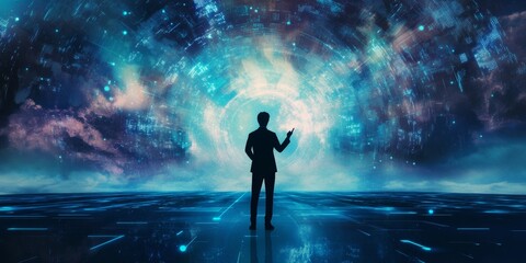 Poster - Silhouette of a Man Standing in Awe Before a Cosmic Galaxy in a Dreamlike Space Environment