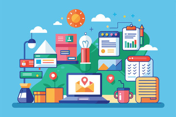 Poster - a colorful workspace features a laptop, charts, and design elements, showcasing creativity and produ