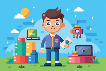 Poster - A young professional stands proudly with various gadgets and colorful products in a bright outdoor setting, Product presentation Customizable Cartoon Illustration