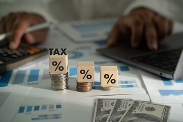 Wall Mural - Concept of house and property tax business and finance involves money, investment, taxation, and banking. Success depends on profit, revenue, budgeting, and economic growth.