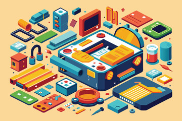 Poster - A detailed teardown of a customizable product showing various components and tools scattered around, Product teardown Customizable Disproportionate Illustration