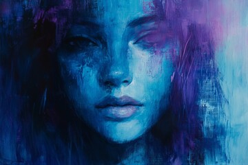 Poster - Emotional Portrait of a Woman with Blue and Purple Tones
