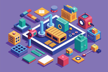 Poster - An isometric illustration shows various customizable product components laid out for a teardown analysis, Product teardown Customizable Isometric Illustration