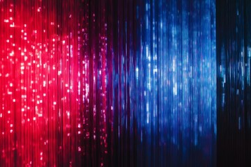 Poster - Vertical lines of blue and red light with glitch effects.