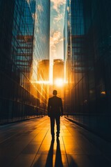 Poster - A man is walking down a city street at sunset