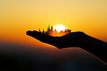 Poster - Hand Holding Silhouette City Against Beautiful Sunset Background