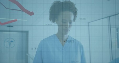 Poster - In hospital, healthcare professional in scrubs analyzing declining graph animation