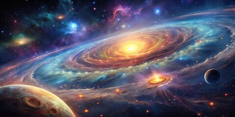 Wall Mural - A Breathtaking Celestial Tapestry A swirling galaxy's vibrant core, illuminated by radiant energy, with planets and nebulae forming a stunning cosmic scene.