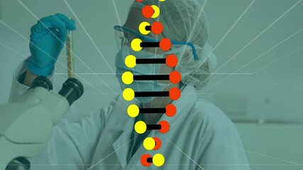 Poster - DNA strand animation over scientist working with microscope in laboratory