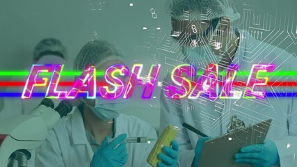 Poster - scientist examining sample with flash text and circuit animation overlay