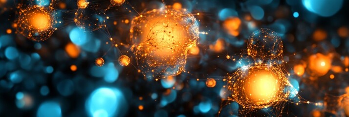 Poster - Abstract Blue and Orange Network of Glowing Particles and Interconnected Nodes on a Dark Background