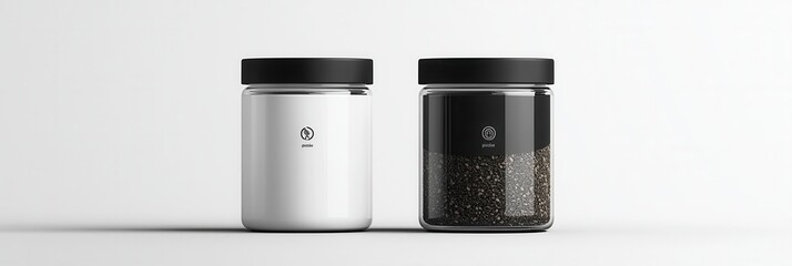 Poster - Elegant minimalist spice jar design featuring black and white branding for a modern culinary experience