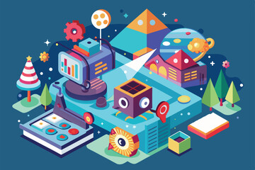 Poster - a design studio displays an engaging setup with customizable flat projections, inspiring creativity 