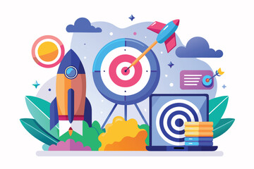 Poster - a vibrant illustration depicting a project launch target with a rocket, laptop, and bullseye element