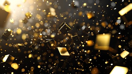 Poster - An abstract digital art piece with floating golden cubes and a soft glow of light against a black background.