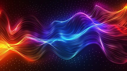 Poster - An abstract background with vibrant, glowing waves in blue, red, and yellow against a dark starry backdrop.