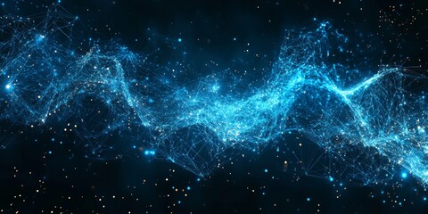 Poster - abstract network topography, digital wave of connecting points and lines in bright blue