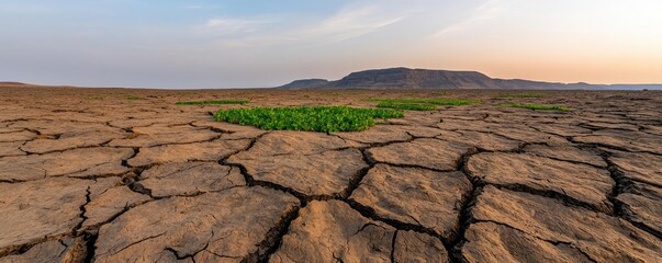 Aufkleber - Climate Change drought concept. A cracked land surface with a small patch of green plants defying the dryness.