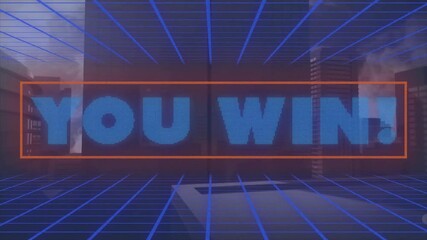 Poster - Glowing You Win animation over retro futuristic grid background in school setting
