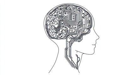 Poster - Human brain with circuit board design, profile view, futuristic concept