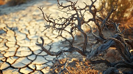 Aufkleber - Climate change drought idea. A close-up of a dry, cracked earth with striking twisted branches under warm sunlight.