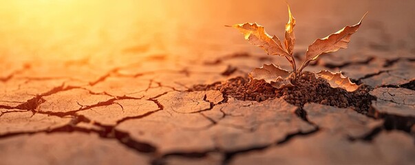 Poster - Climate change drought idea. A resilient plant grows from cracked earth under the warm glow of sunlight.
