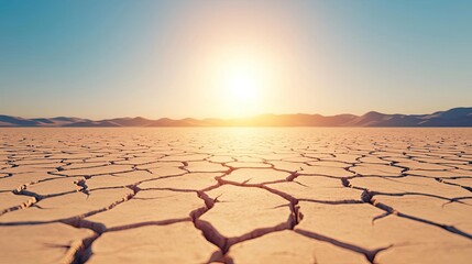 Poster - Climate change drought idea. A vast, cracked earth landscape under a warm sun showcasing dryness and resilience.
