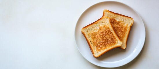 Aufkleber - Toasted bread slices on a round white plate with a smooth white background viewed from above showcasing golden-brown crust and soft interior