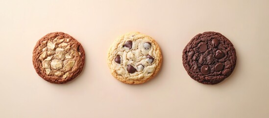 Poster - Assorted cookies on beige background featuring chocolate chip on left oatmeal raisin in center and dark chocolate cookie on right