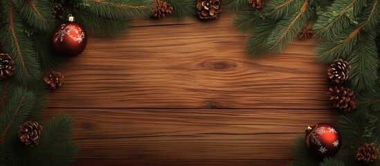 Poster - Christmas fir tree branches and pine cones frame a dark wooden board featuring red ornaments and copy space in a cozy festive arrangement