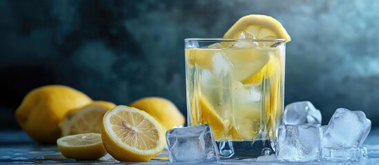 Poster - Refreshing glass of lemonade filled with ice cubes and lemon slices on a blue background with fresh lemons in the foreground and copy space.