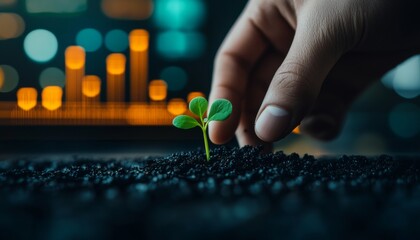 Poster - hand gently planting small sprout, growth and potential symbolized against stock market graph